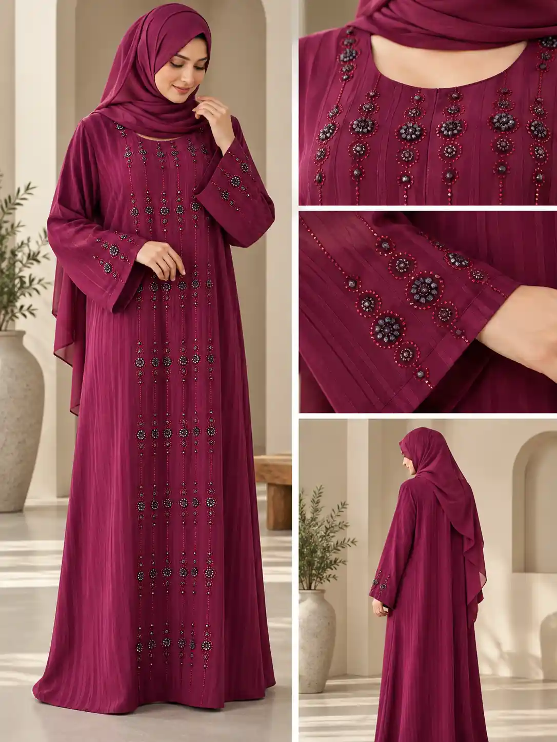 Stone abaya close-up of neckline, sleeve stone work and back view