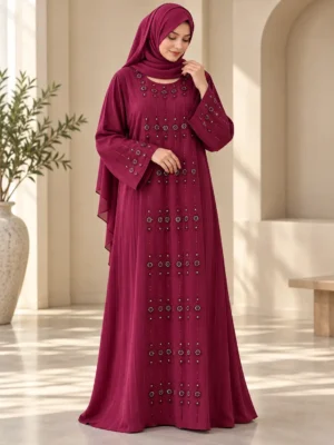 Stone work abaya designs with floral bead detailing and flared sleeves