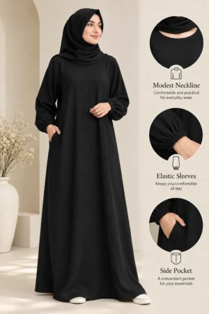 abaya for umrah and hajj in black rukhsar fabric with side pocket and elastic sleeves