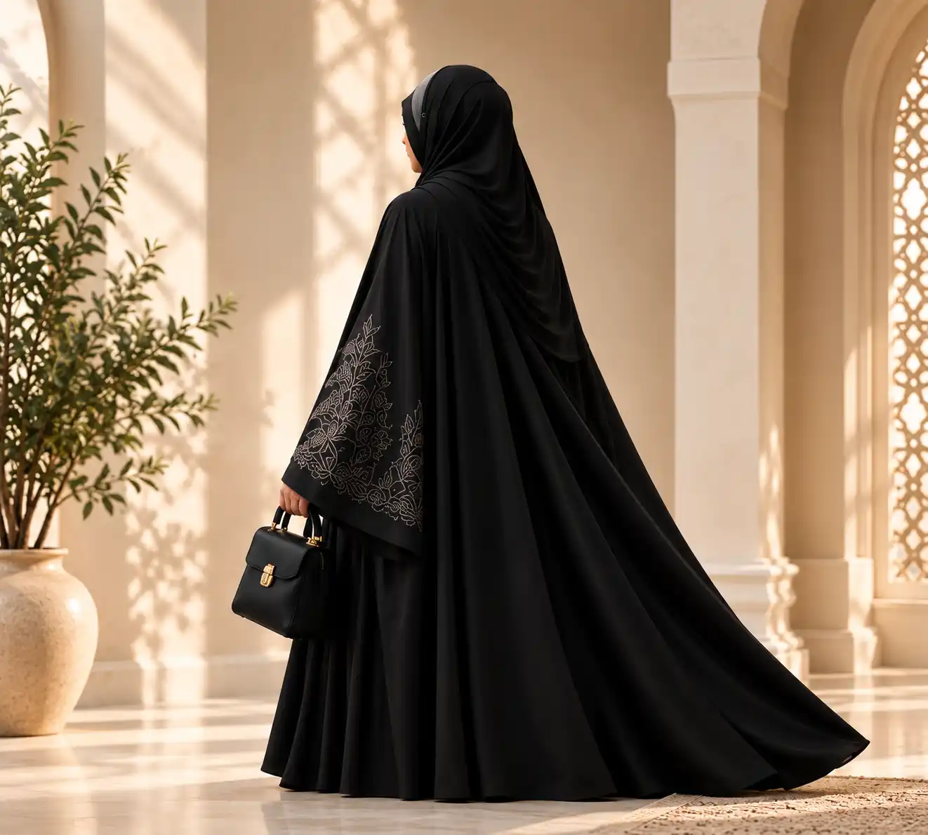Woman in a black embroidered abaya