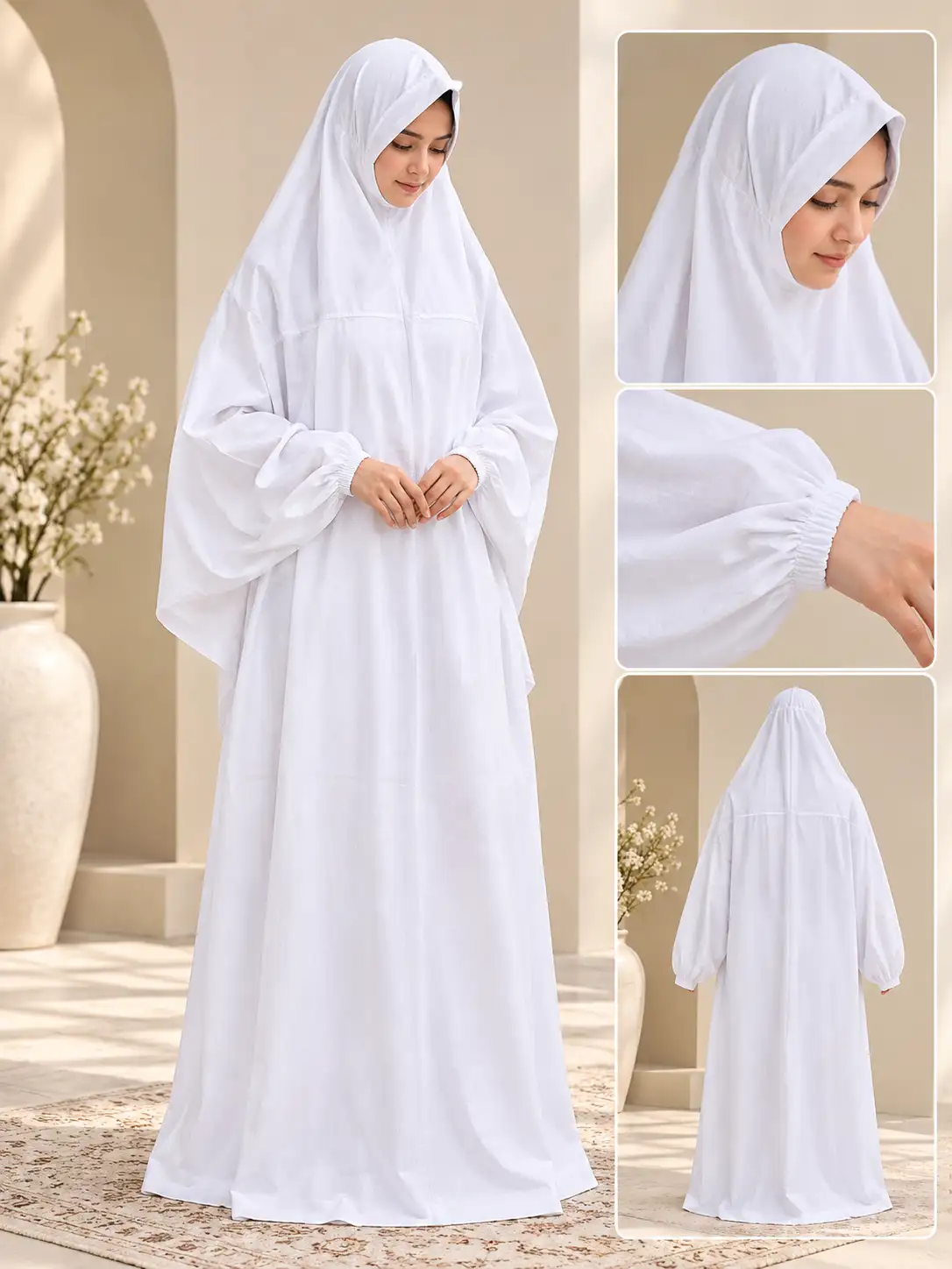 cotton prayer dress white one-piece with attached scarf