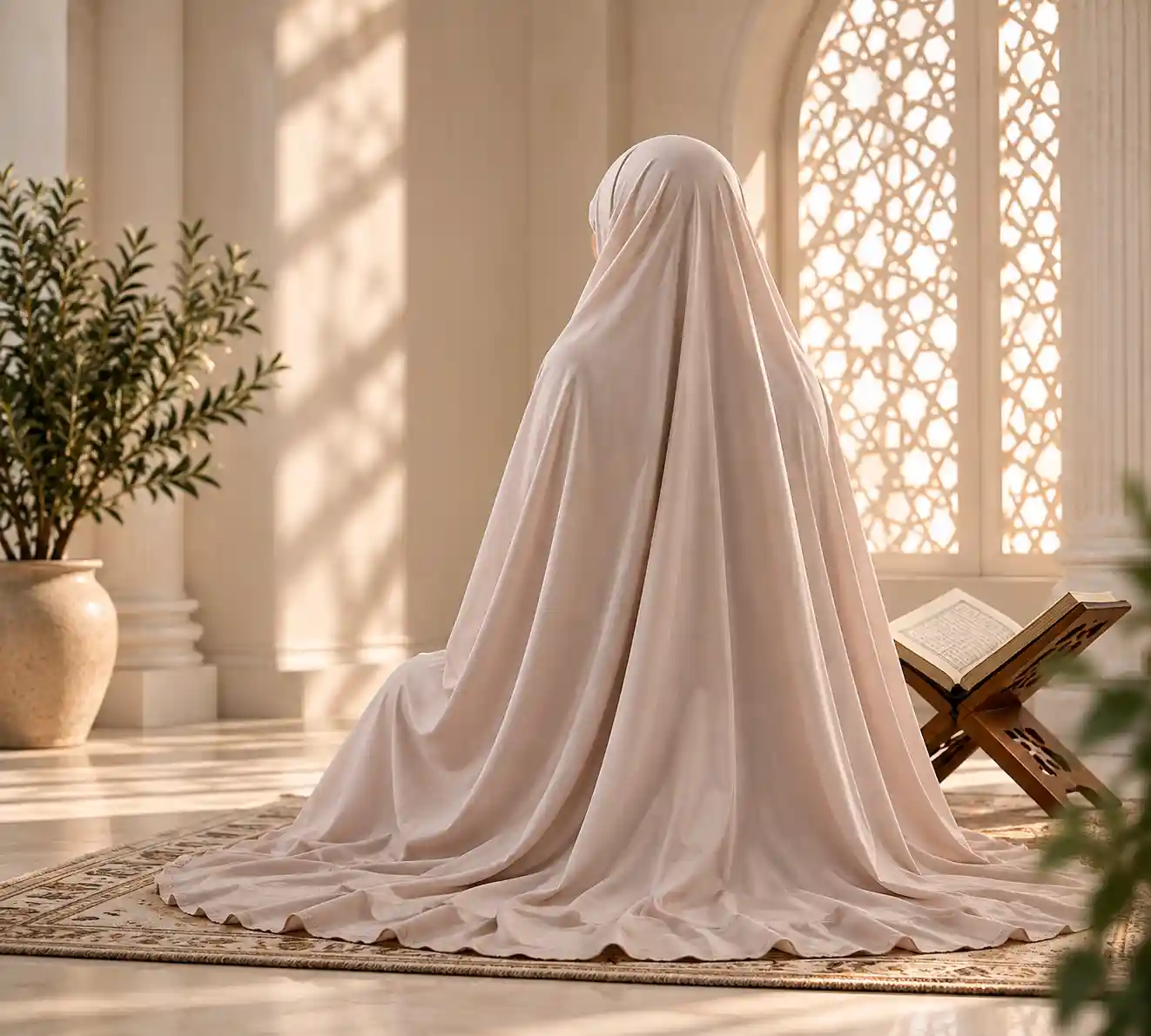 Woman praying in a white prayer dress