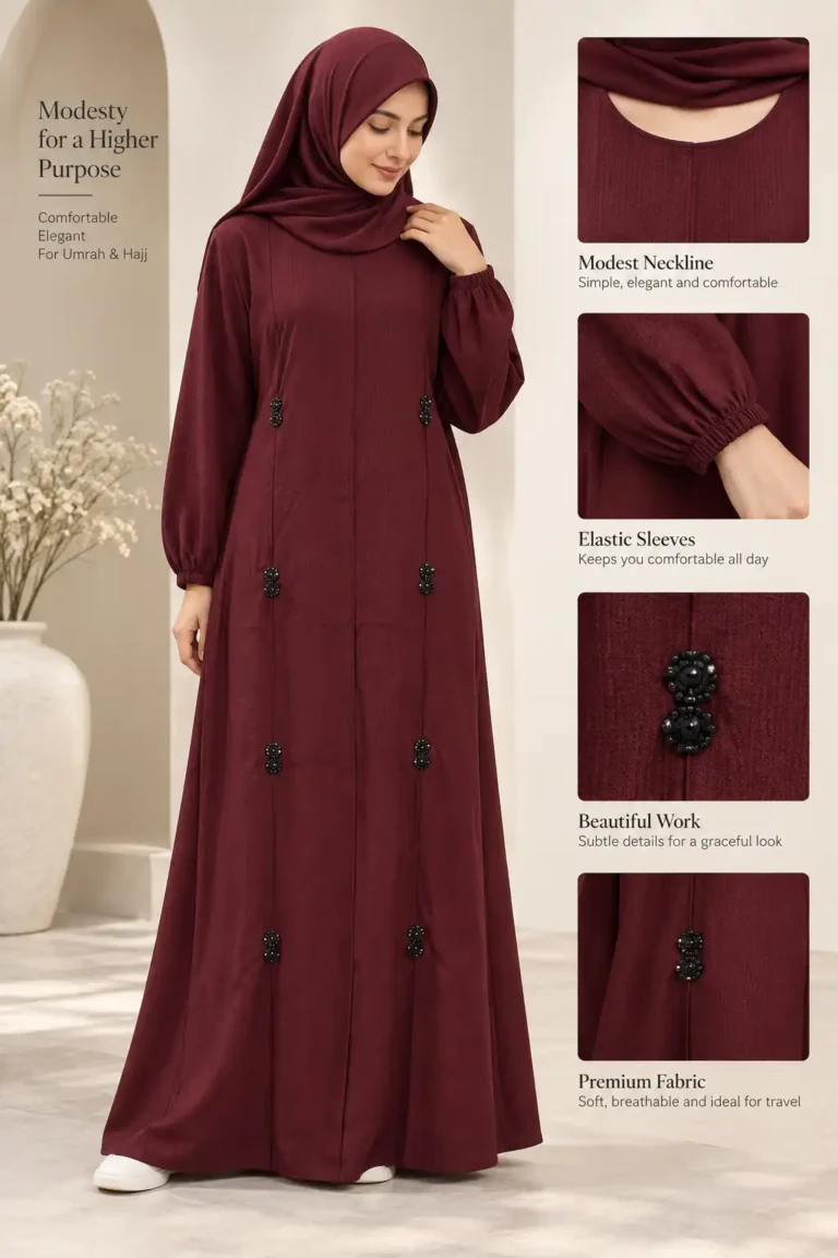 simple abaya design for umrah and hajj in maroon rukhsar fabric with beaded button details and elastic sleeves