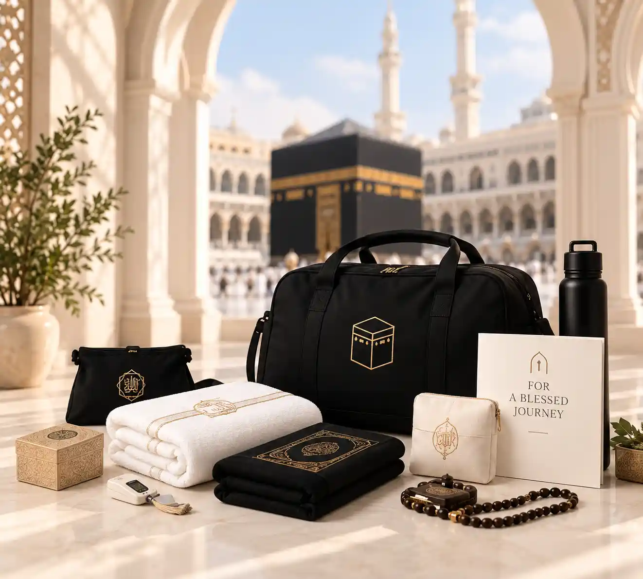 Umrah and Hajj kit in front of the Kaaba