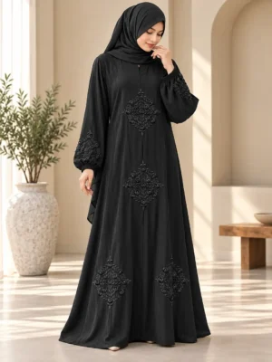 Black embroidery abaya with floral diamond motifs and balloon sleeves
