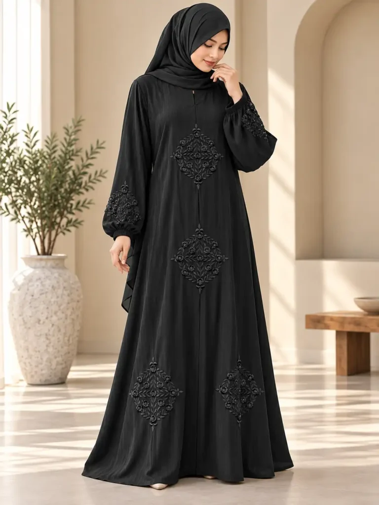 Black embroidery abaya with floral diamond motifs and balloon sleeves