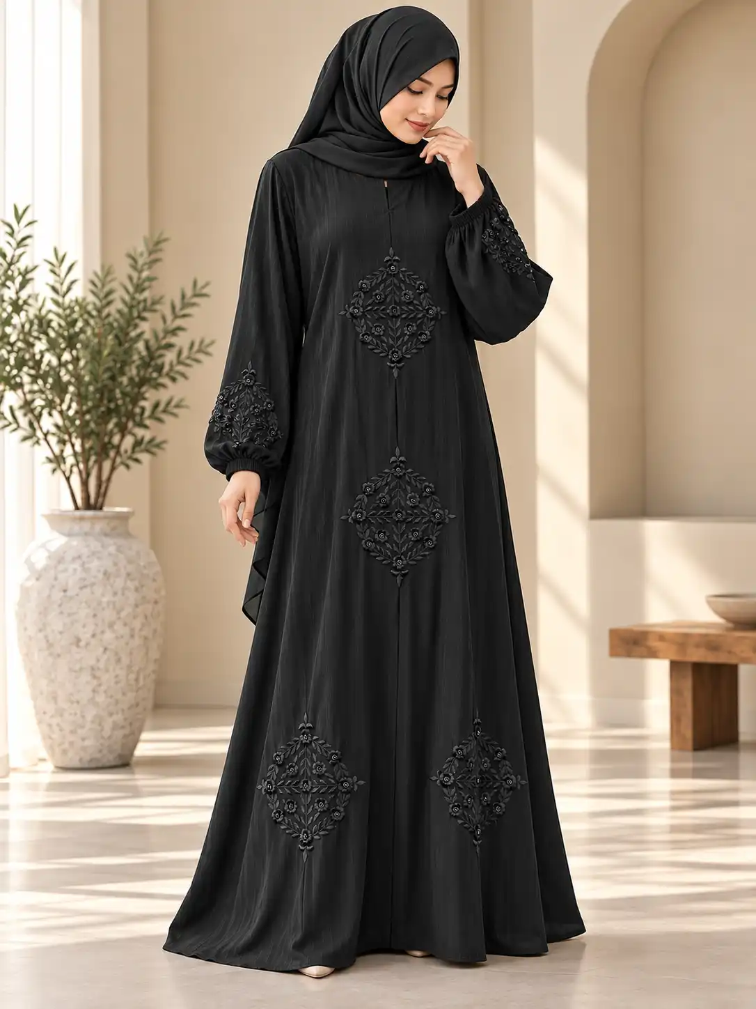Black embroidery abaya with floral diamond motifs and balloon sleeves