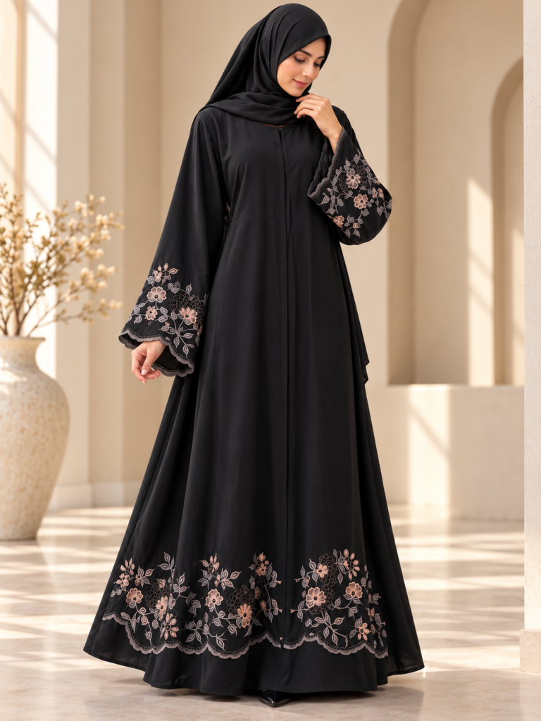 Floral embroidery abaya with scalloped hem and bell sleeves