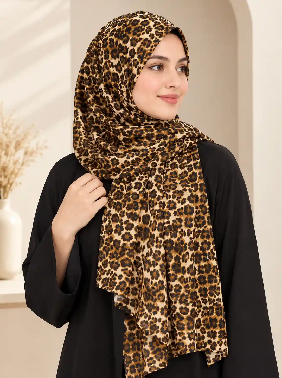 Zera tiger print hijab in soft chiffon, all-over spotted print, worn with a plain abaya
